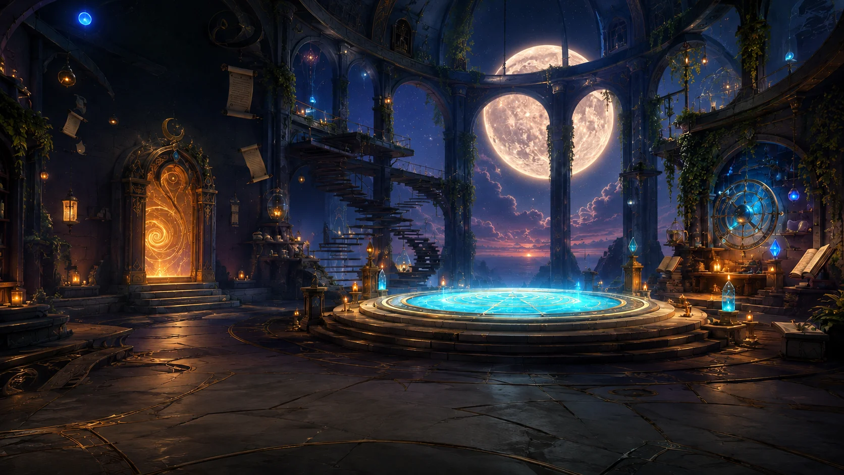 A magical academy’s Moonwell, glowing beneath a complete moon